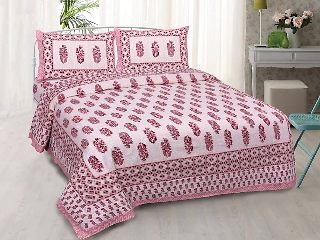 Jaipuri Prints Cotton Double Bedsheet (Pink)