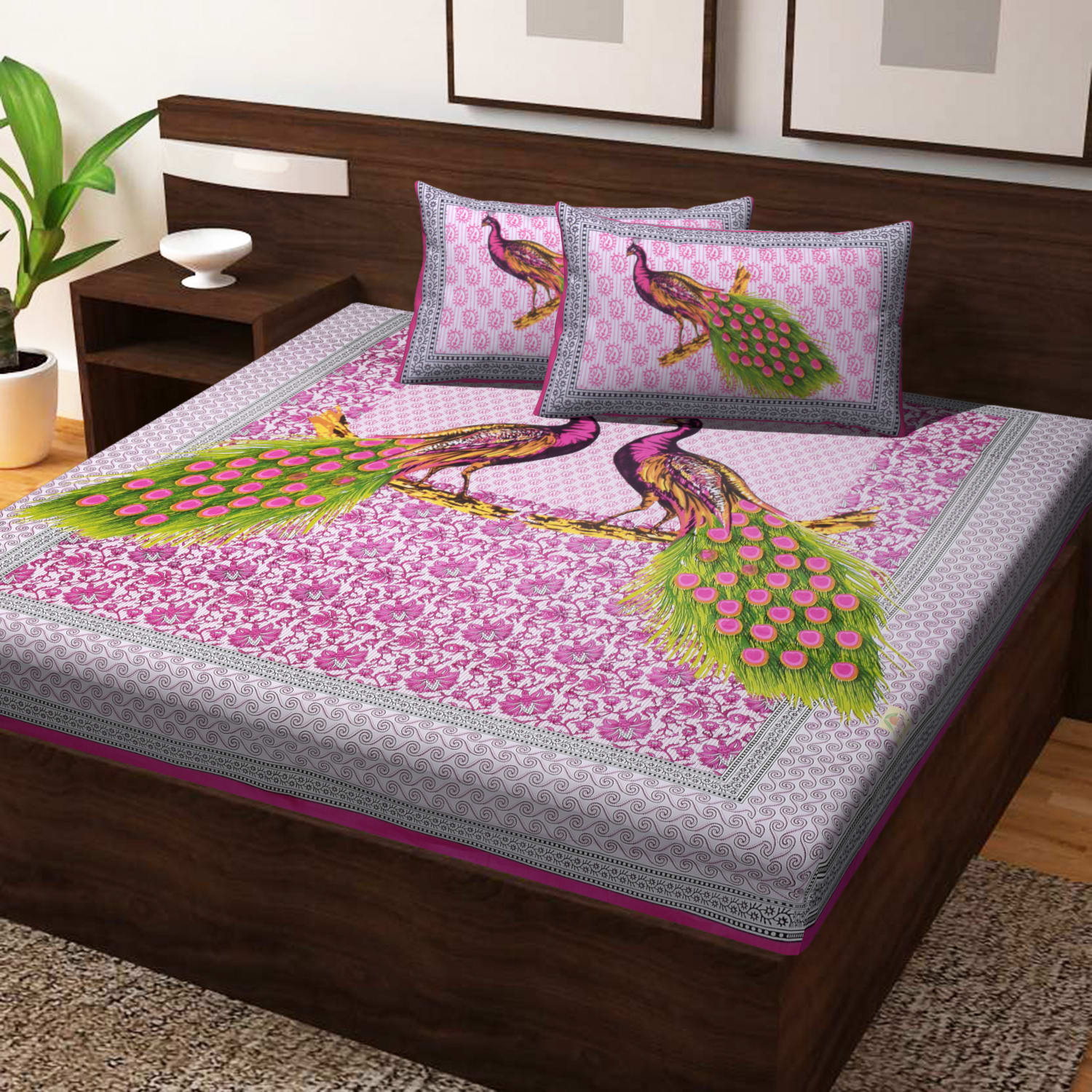 Jaipuri Prints Cotton Double Bedsheet (Pink)