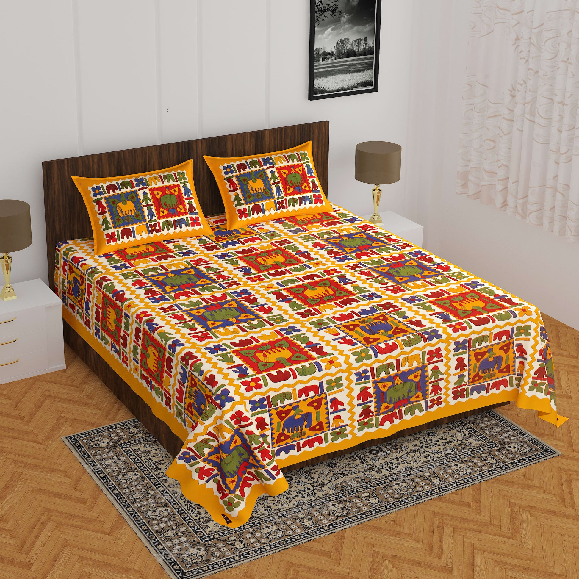 100% Cotton Printed Double Bedsheet (Yellow)
