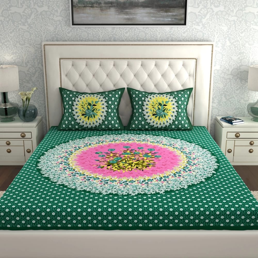 Rajasthani Jaipuri Traditional Double Bed Bedsheet with 2 Pillow Covers - ( Green)