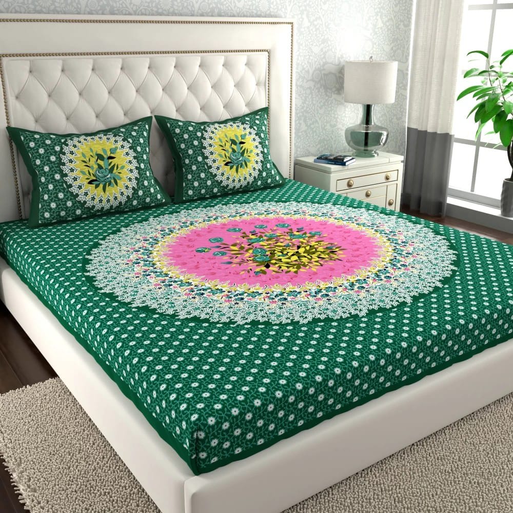 Rajasthani Jaipuri Traditional Double Bed Bedsheet with 2 Pillow Covers - ( Green)