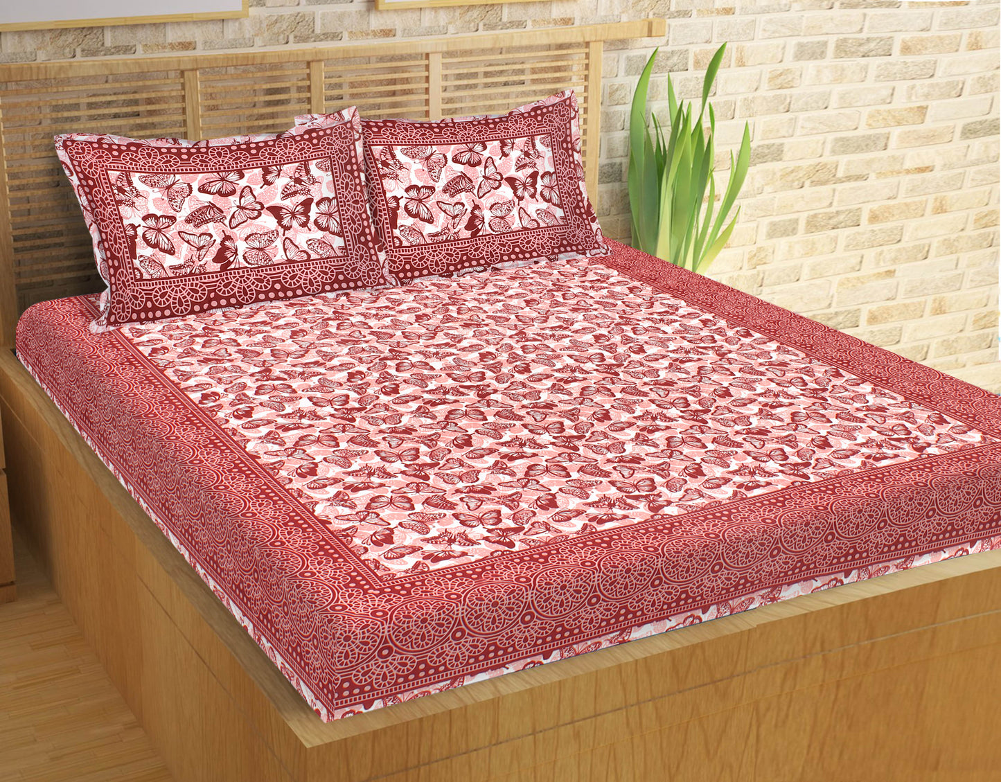Butterfly  Prints Cotton Double Bedsheet (Pink)
