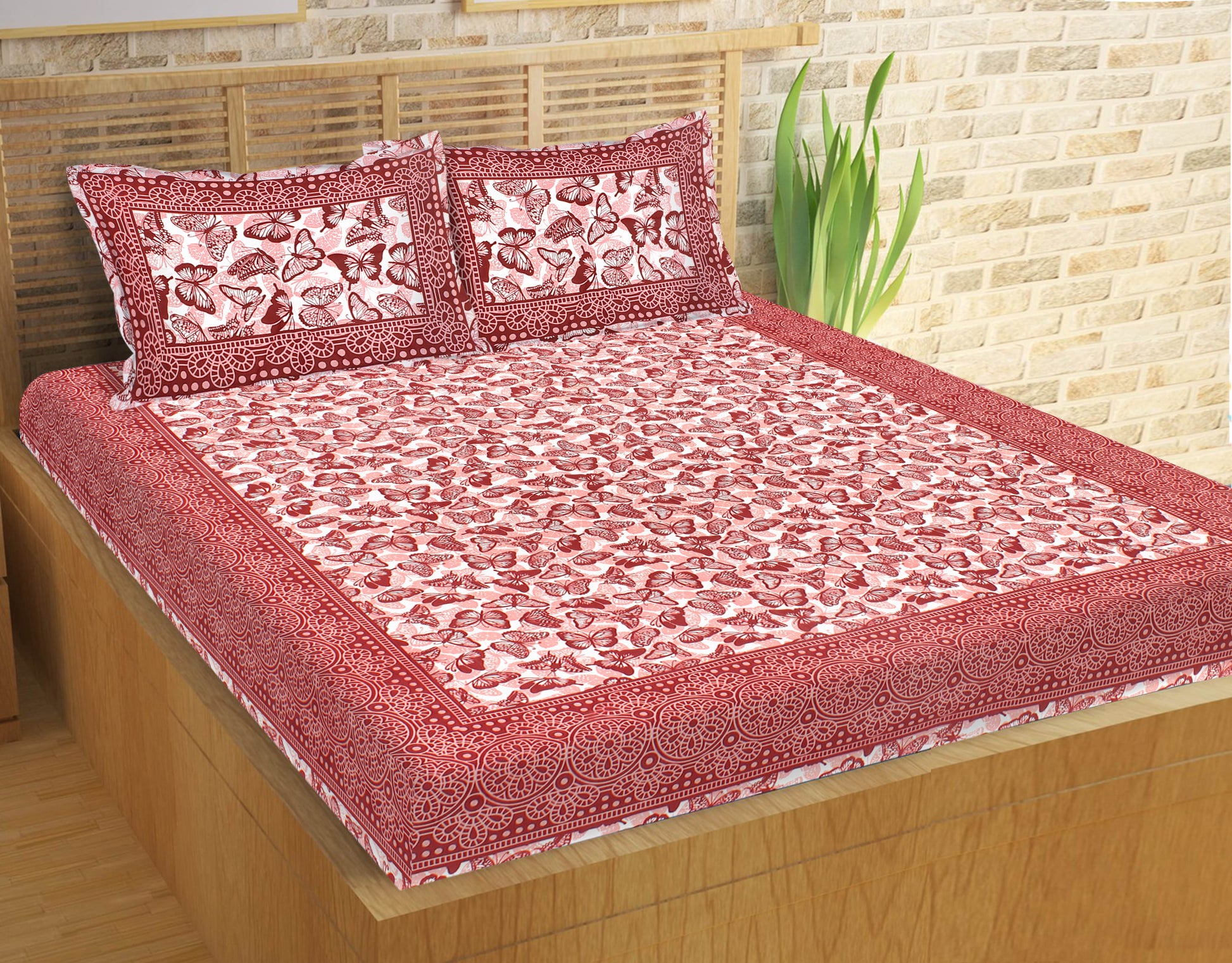 Butterfly  Prints Cotton Double Bedsheet (Pink)