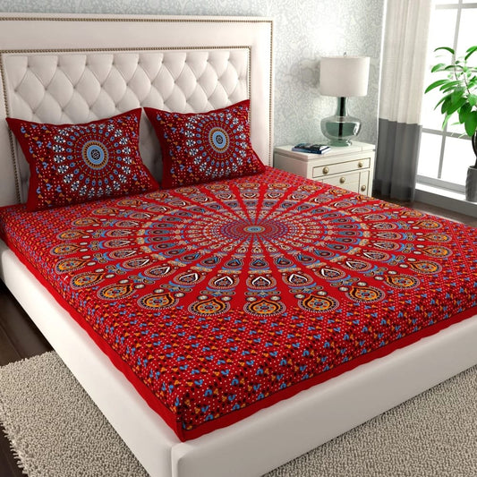 Rajasthani Jaipuri Traditional Double Bed Bedsheet with 2 Pillow Covers - ( Red)