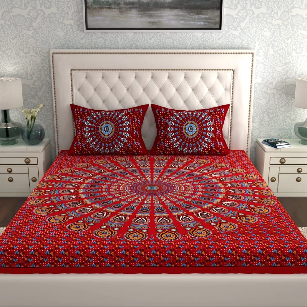 Rajasthani Jaipuri Traditional Double Bed Bedsheet with 2 Pillow Covers - ( Red)