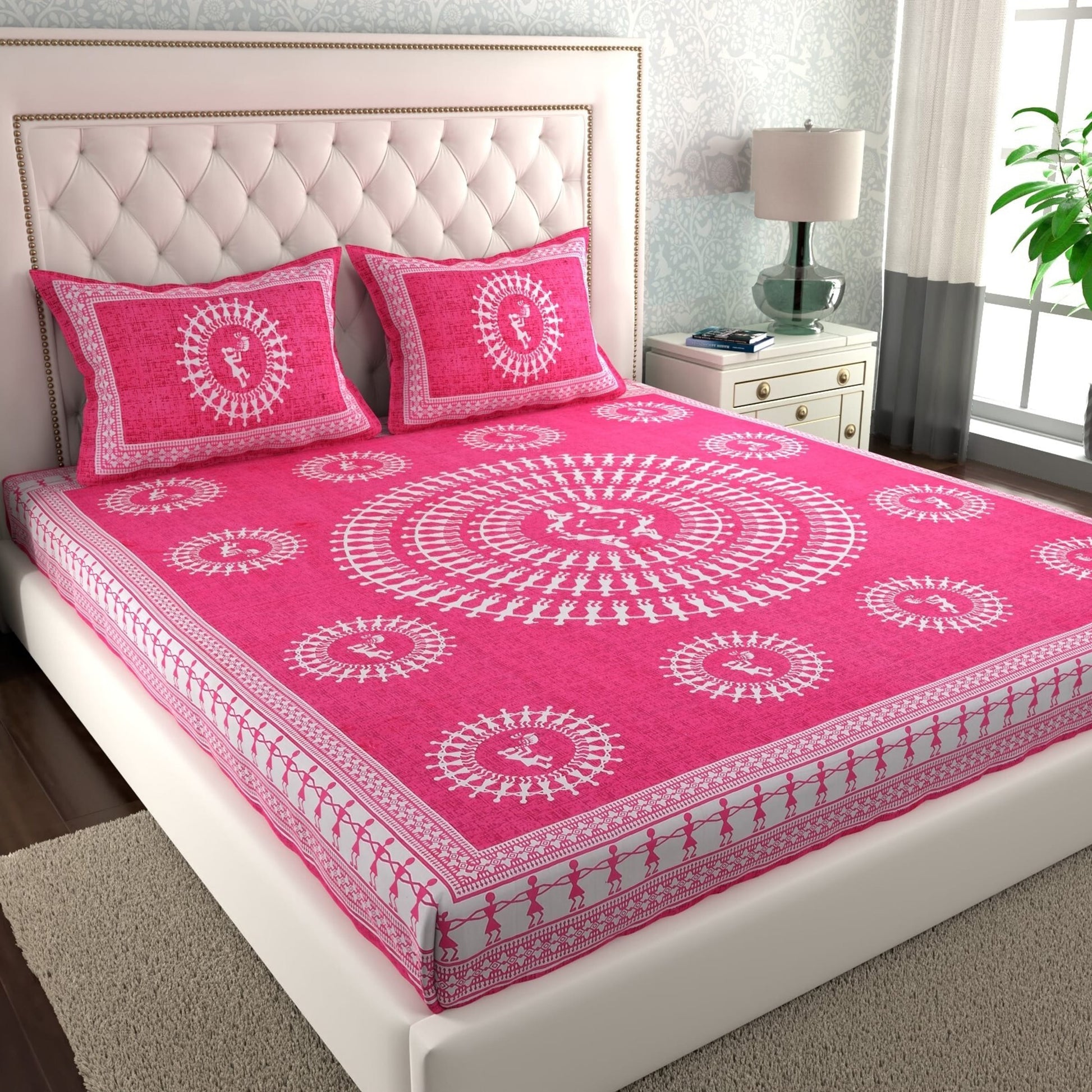 1 Cotton Double Printed Flat Bedsheet (Pack of 1, Pink)