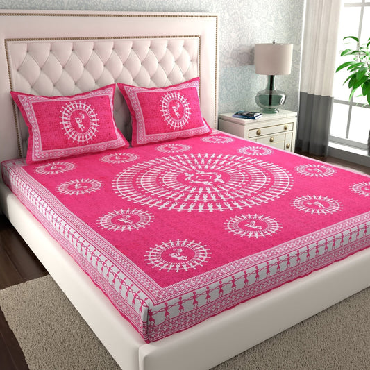 1 Cotton Double Printed Flat Bedsheet (Pack of 1, Pink)