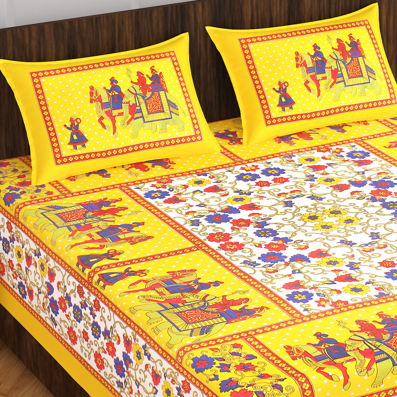 Jaipuri Prints Cotton Double Bedsheet (Yellow)