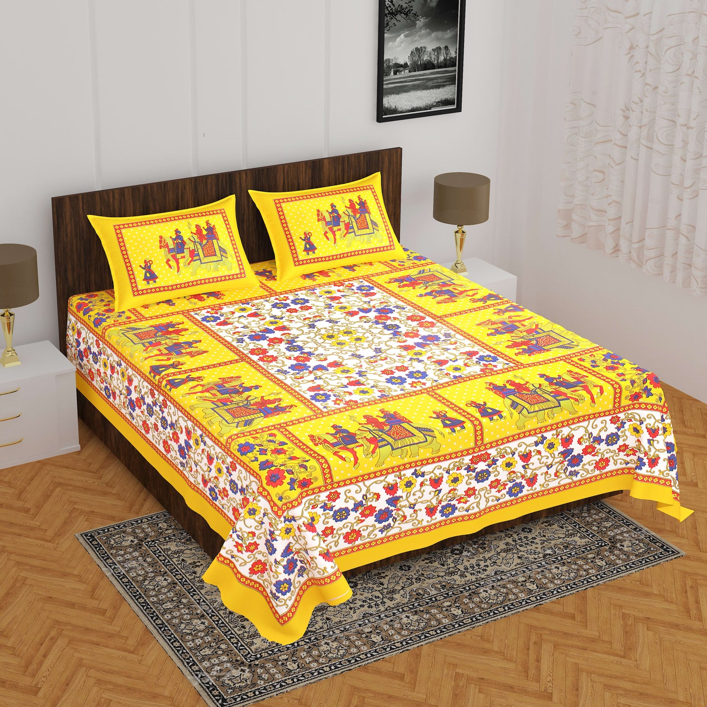 Jaipuri Prints Cotton Double Bedsheet (Yellow)