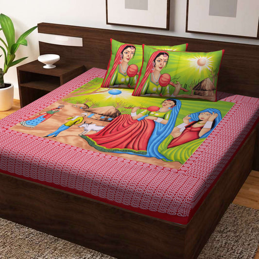 100% Cotton Printed Double Bedsheet (Red)