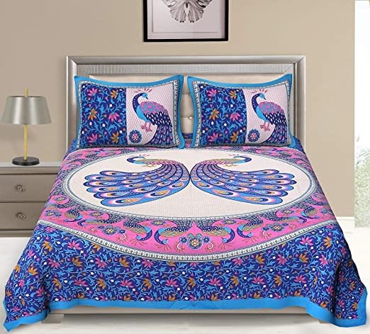 100% Cotton Printed Double Bedsheet (Blue)
