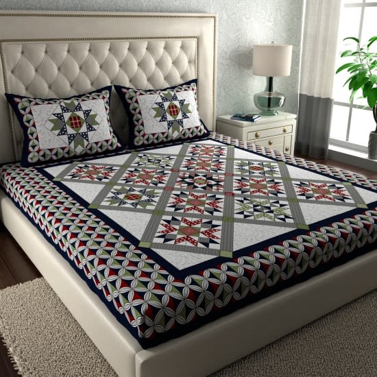 Rajasthani Jaipuri Traditional Double Bed Bedsheet with 2 Pillow Covers - ( Blue)