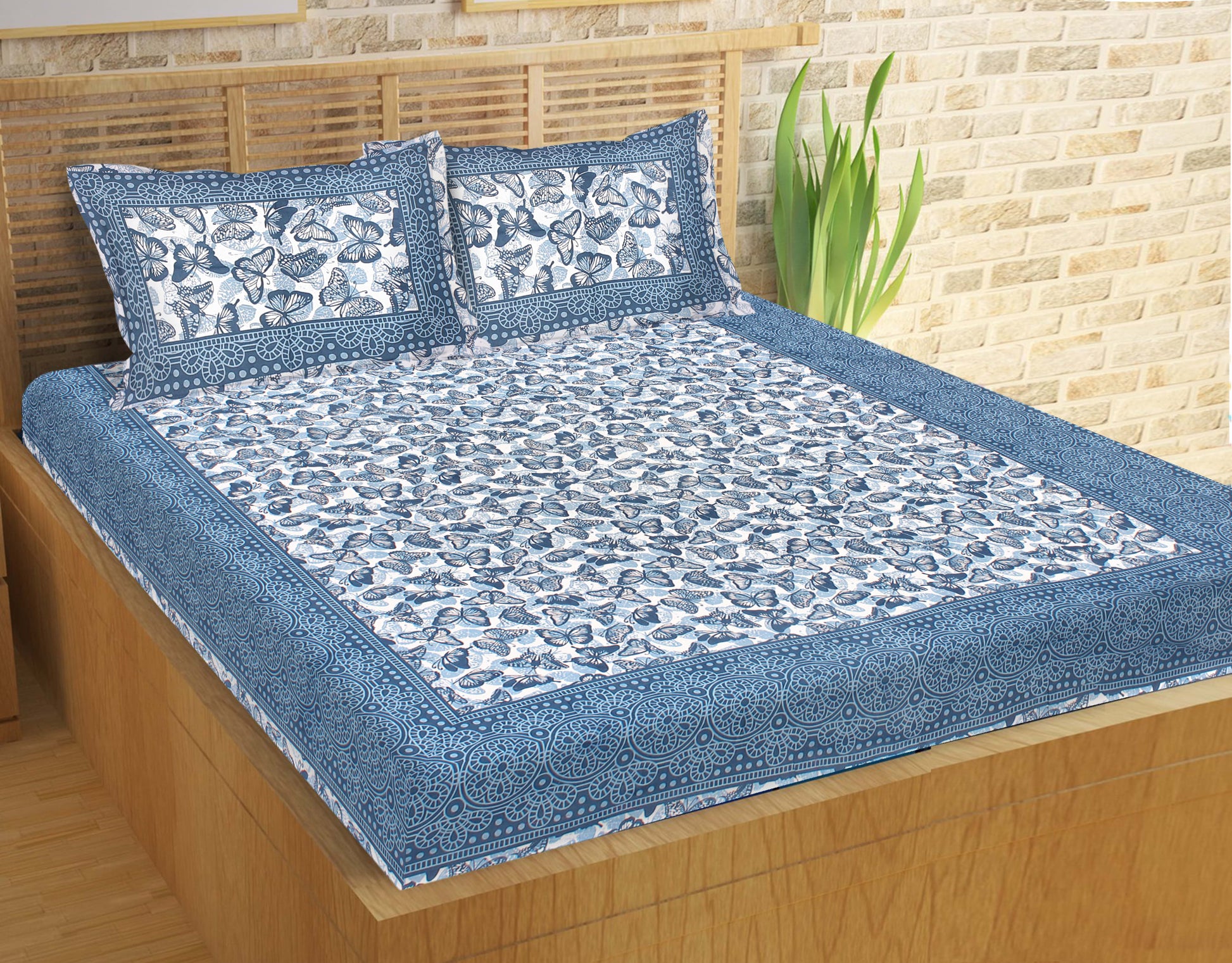 Jaipuri Prints Cotton Double Bedsheet (Blue)