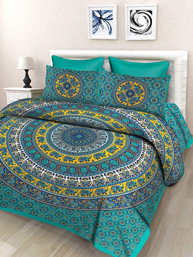 Jaipuri Prints Cotton Double Bedsheet (Green)
