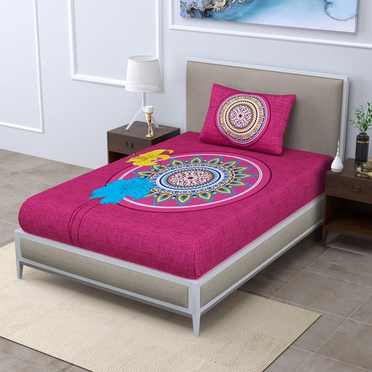 Cotton Single Jaipuri Prints Flat Bedsheet (Pack of 1, PINK )