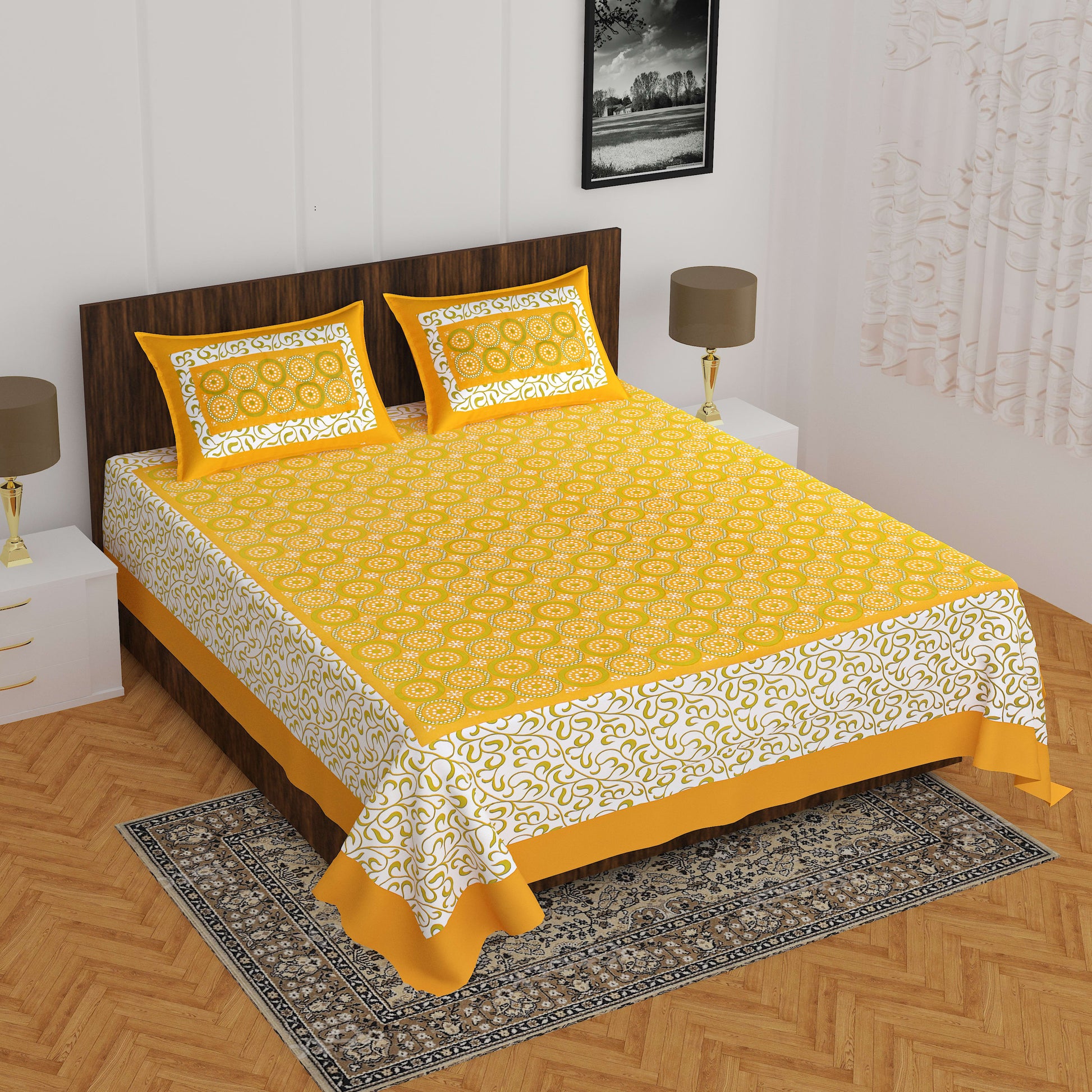 1 Cotton Floral Double Bedsheet (Yellow)