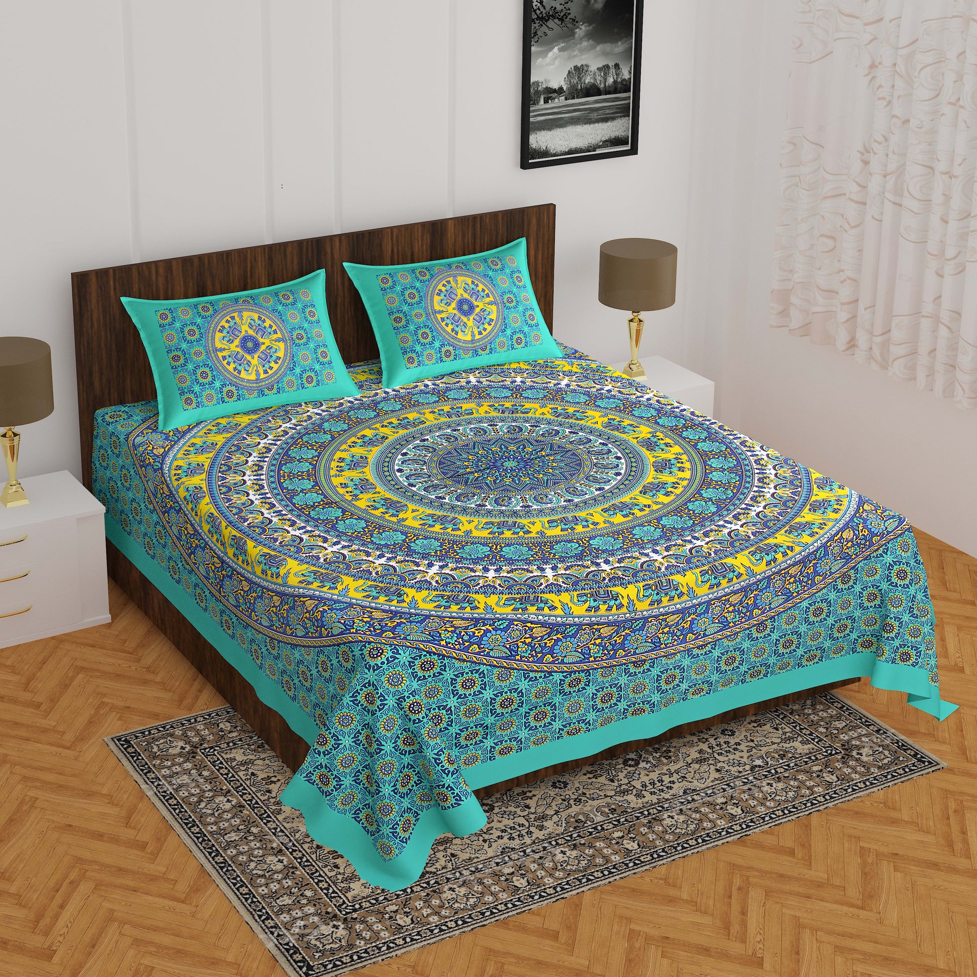 Jaipuri Prints Cotton Double Bedsheet (Green)