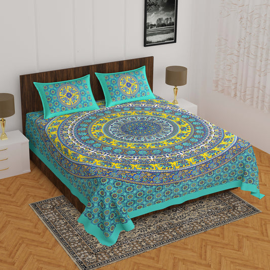 Jaipuri Prints Cotton Double Bedsheet (Green)