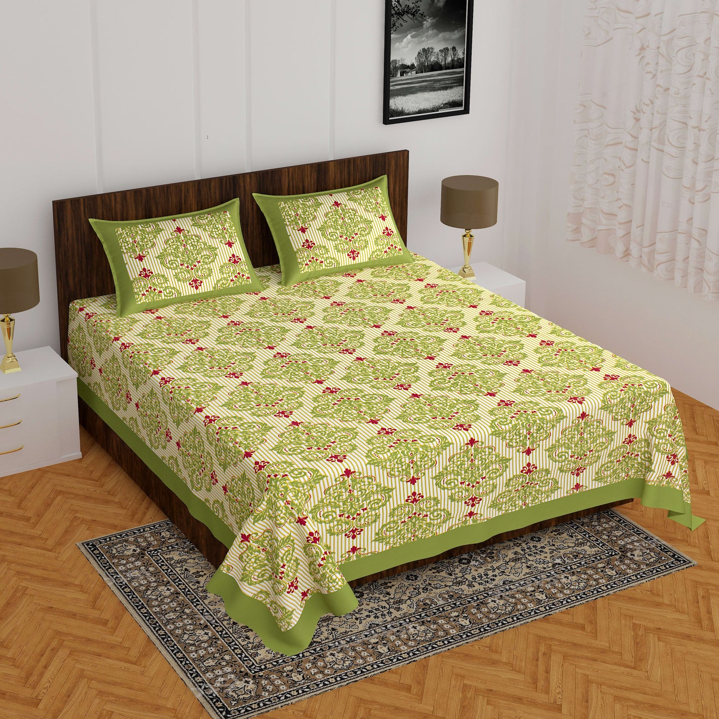 Jaipuri Prints Cotton Double Bedsheet (Green)