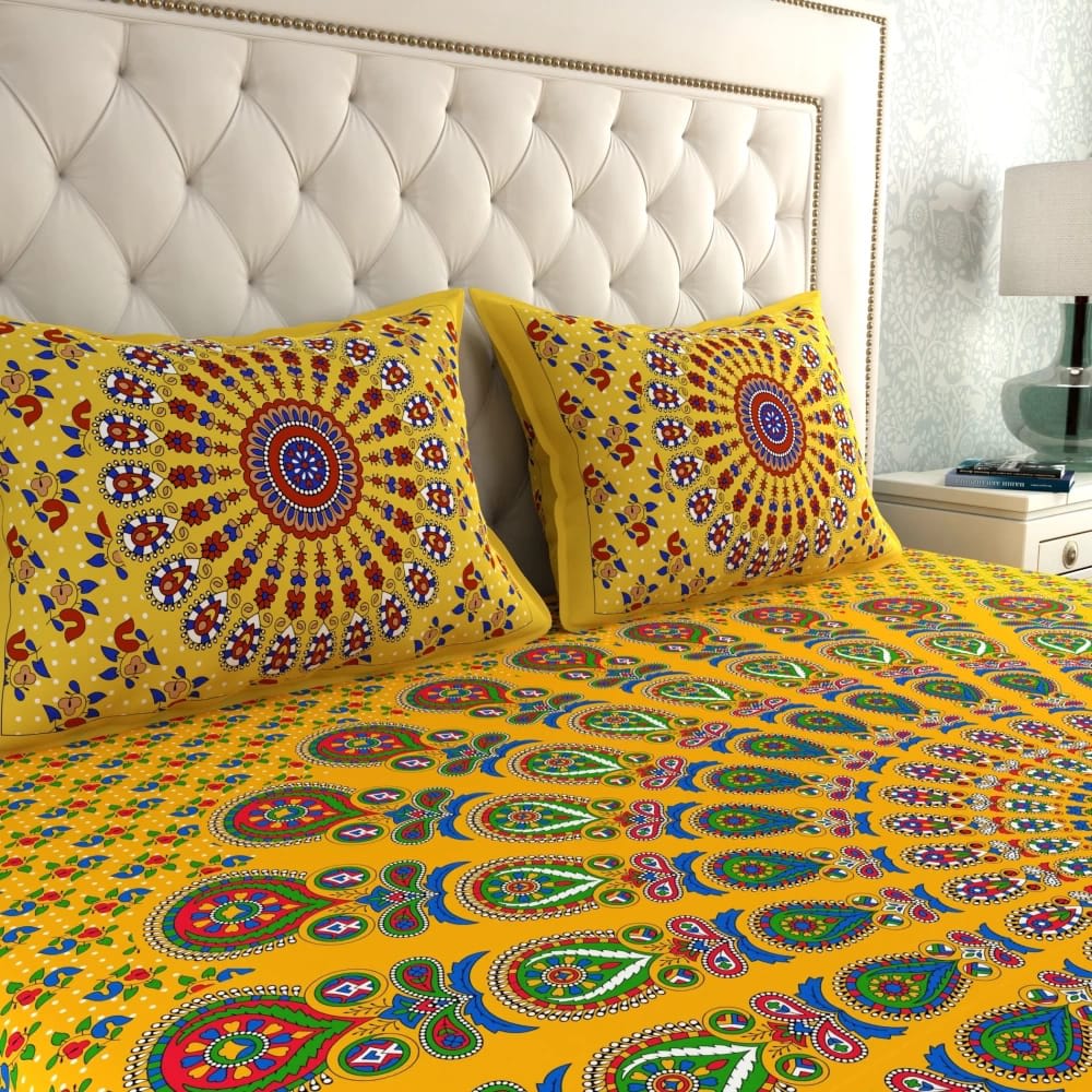 Rajasthani Jaipuri Traditional Double Bed Bedsheet with 2 Pillow Covers - ( Yellow)