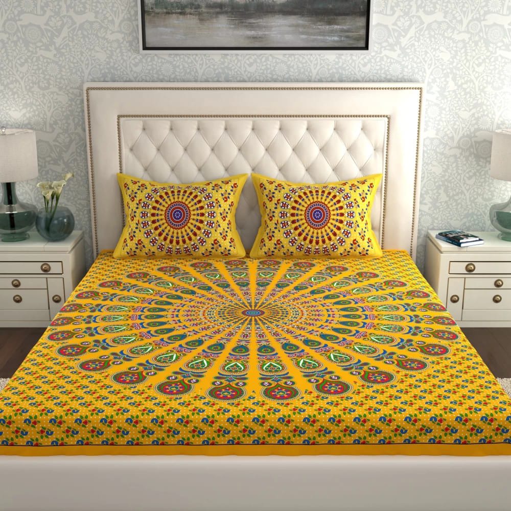 Rajasthani Jaipuri Traditional Double Bed Bedsheet with 2 Pillow Covers - ( Yellow)