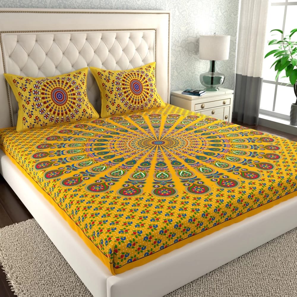 Rajasthani Jaipuri Traditional Double Bed Bedsheet with 2 Pillow Covers - ( Yellow)