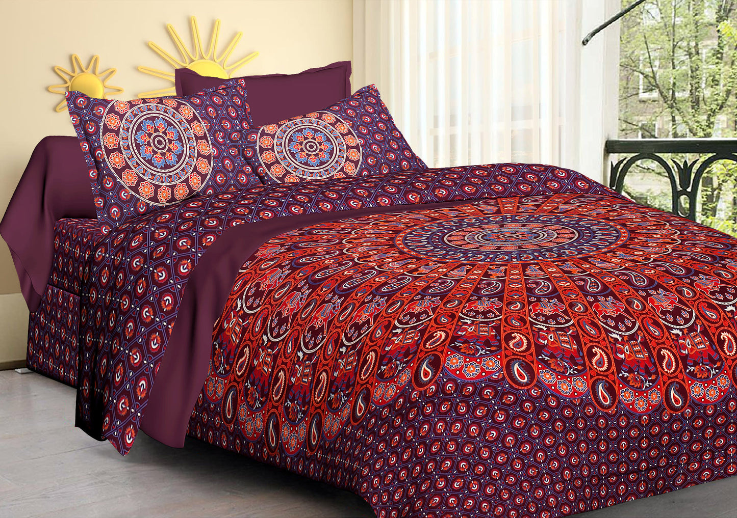 100% Cotton Printed King Bedsheet ( Maroon)