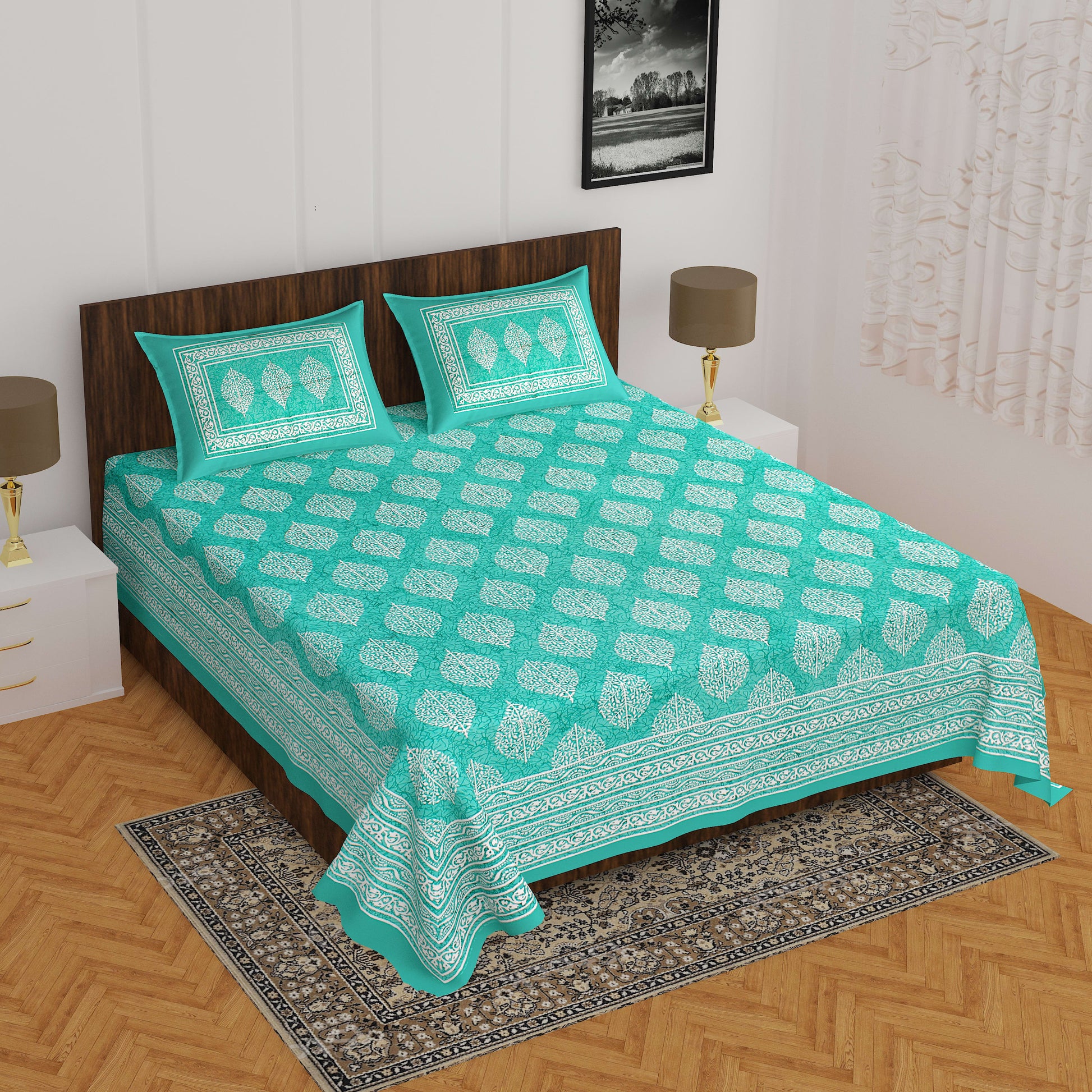 Jaipuri Prints Cotton Double Bedsheet (Seagreen)