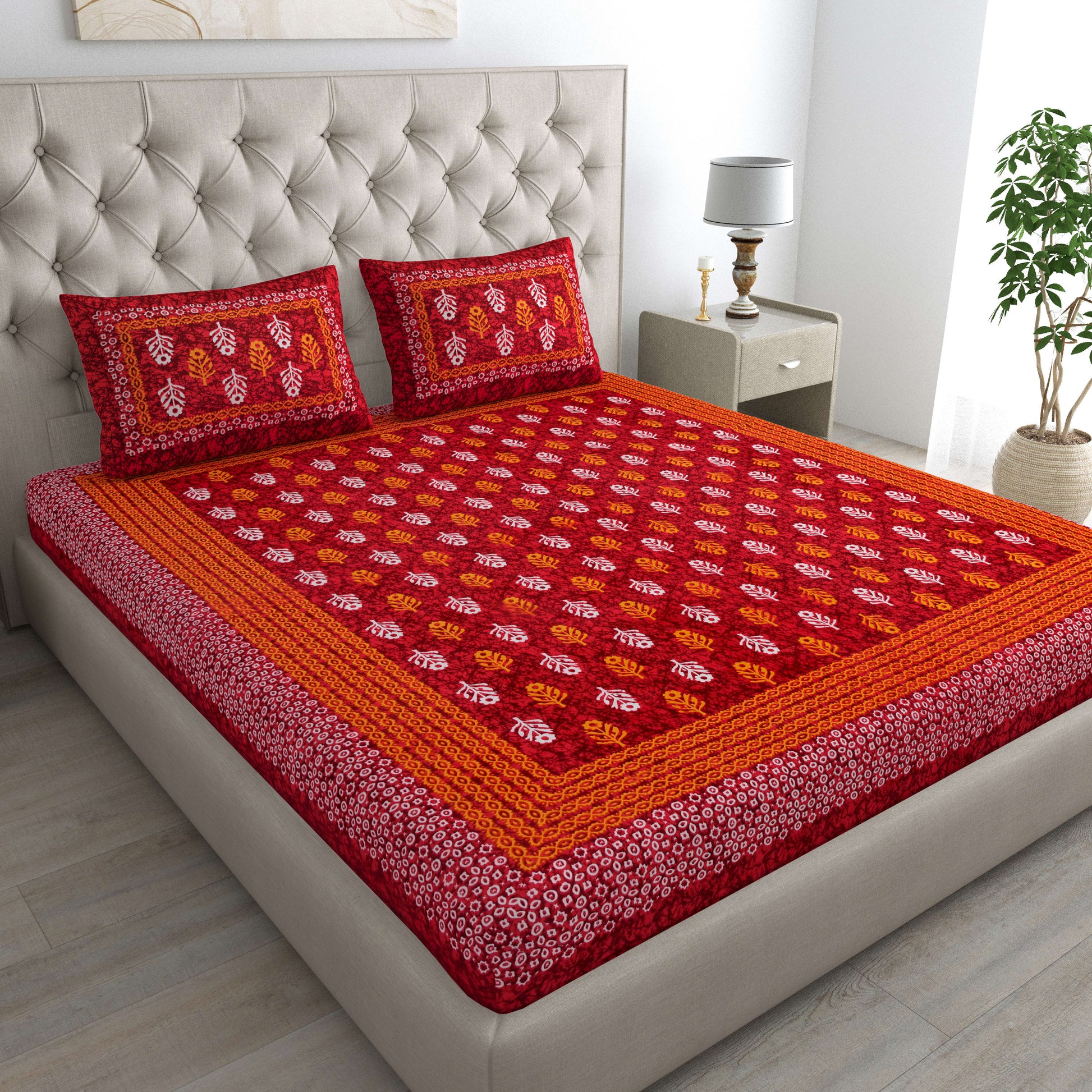 Motif Printed Jaipuri Cotton Double Bedsheet with 2 Pillow Covers (Red)