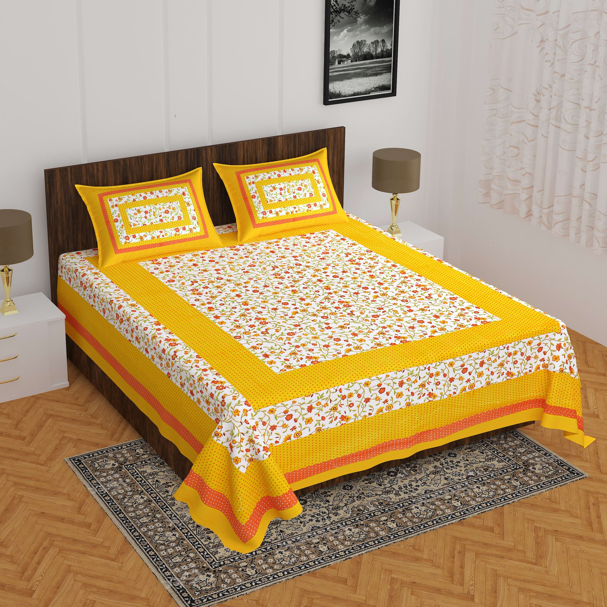 Jaipuri Prints Cotton Double Bedsheet (Yellow)