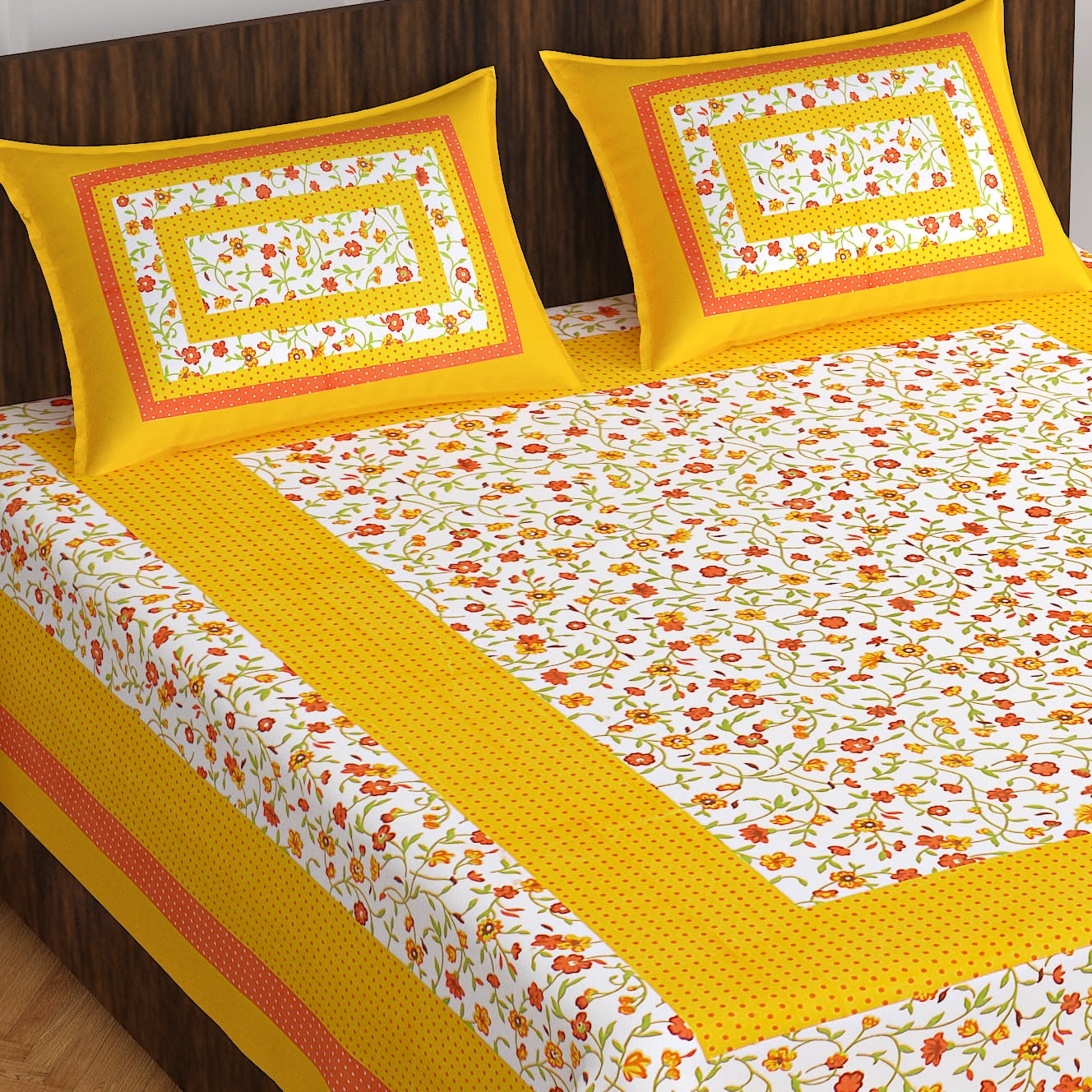 Jaipuri Prints Cotton Double Bedsheet (Yellow)