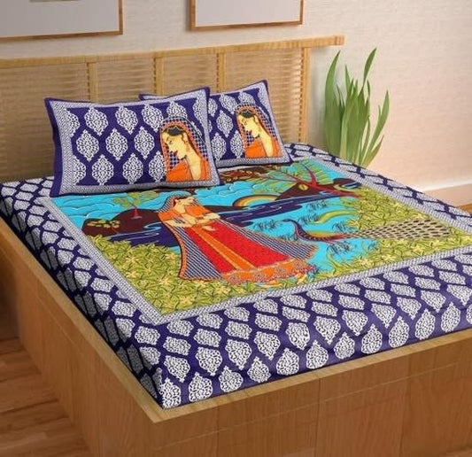 Jaipuri Prints Cotton Double Bedsheet (Blue)