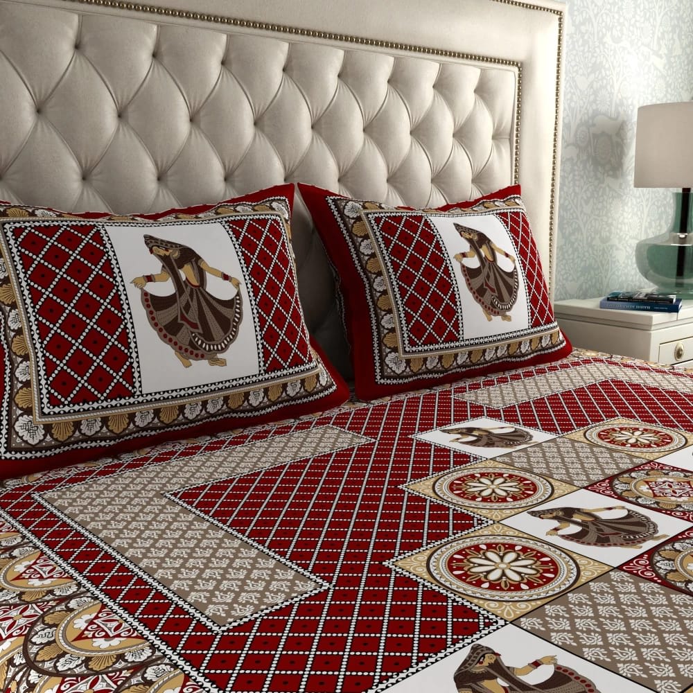 Rajasthani Jaipuri Traditional Double Bed Bedsheet with 2 Pillow Covers -(Red)