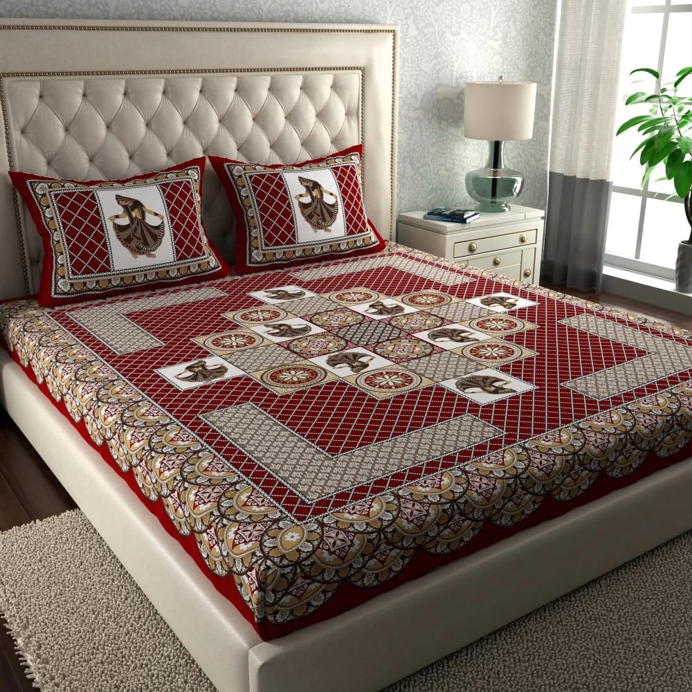 Rajasthani Jaipuri Traditional Double Bed Bedsheet with 2 Pillow Covers -(Red)