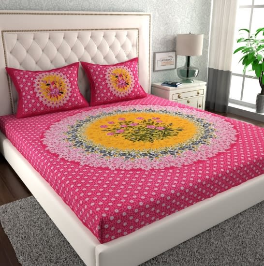 Rajasthani Jaipuri Traditional Double Bed Bedsheet with 2 Pillow Covers - (Pink )