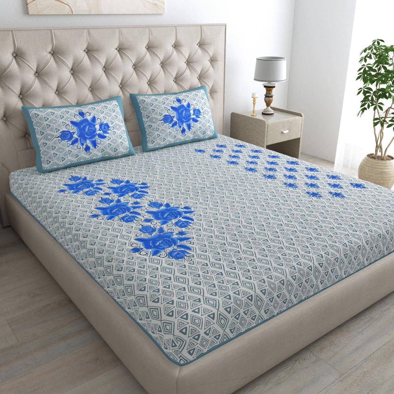 Floral Print Cotton Double Bed Sheet   (Blue)