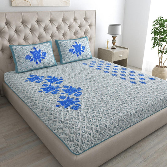 Floral Print Cotton Double Bed Sheet   (Blue)