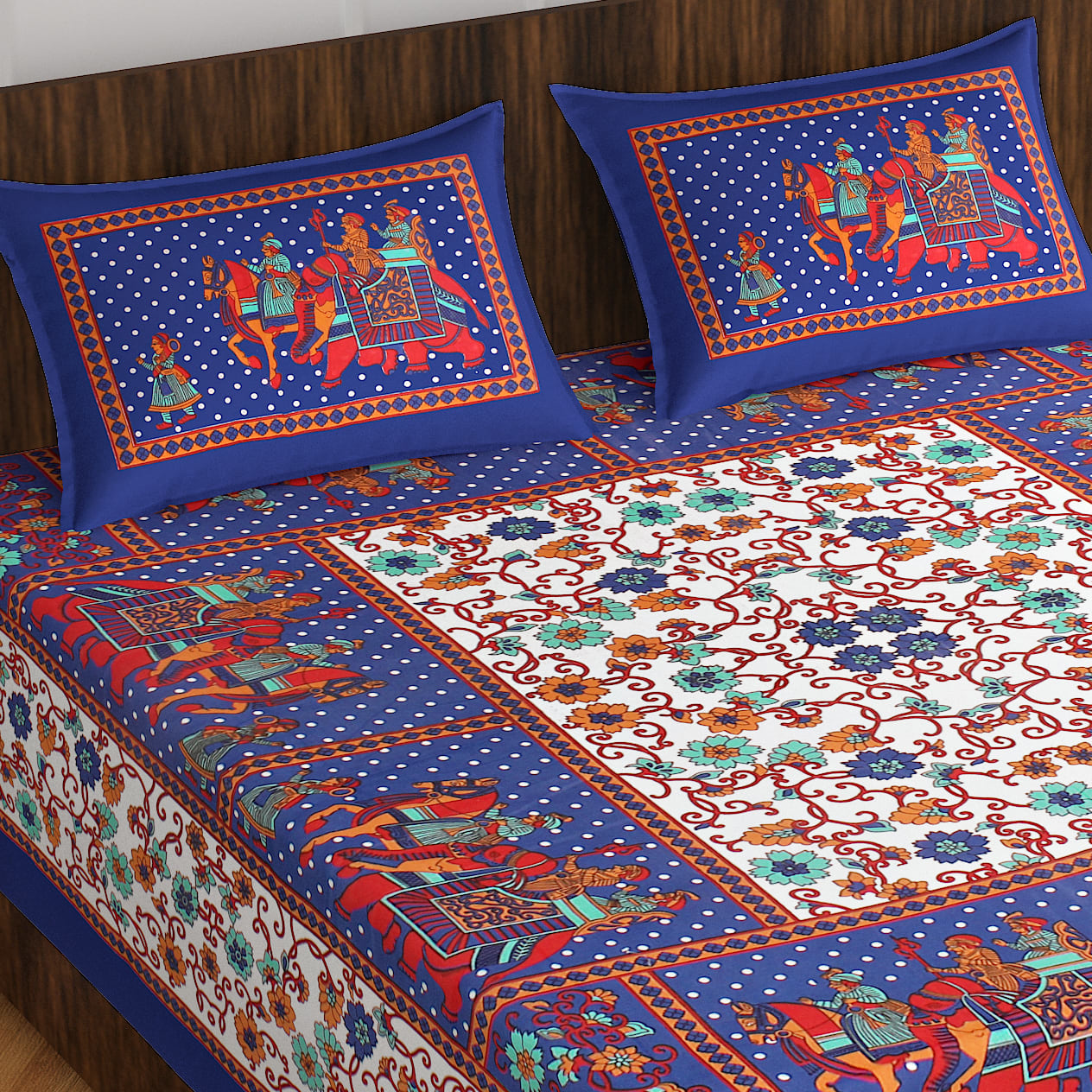 Jaipuri Prints Cotton Double Bedsheet (Blue)