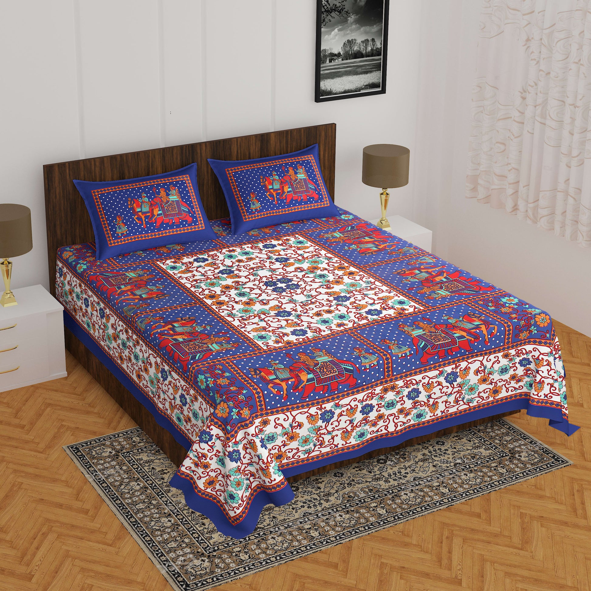 Jaipuri Prints Cotton Double Bedsheet (Blue)
