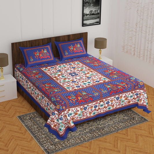 Jaipuri Prints Cotton Double Bedsheet (Blue)
