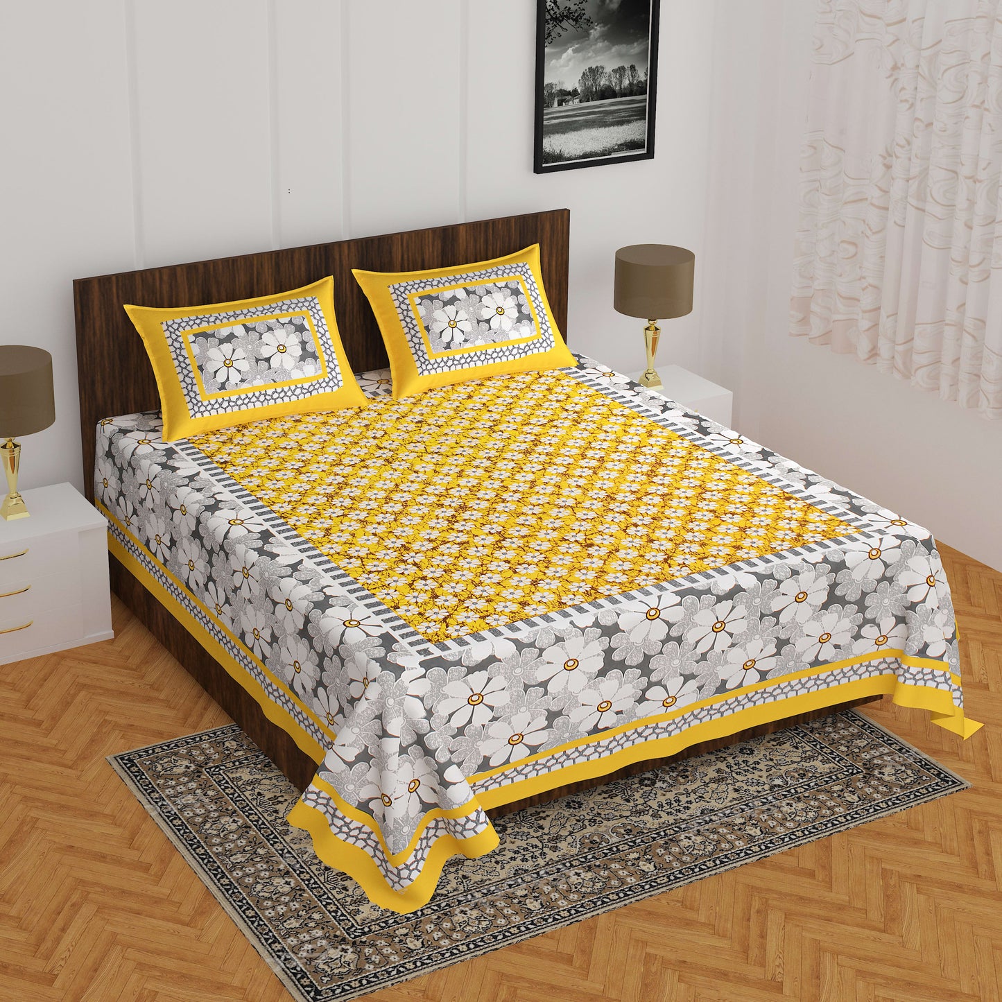 1 Cotton Printed Double Bedsheet (Yellow)