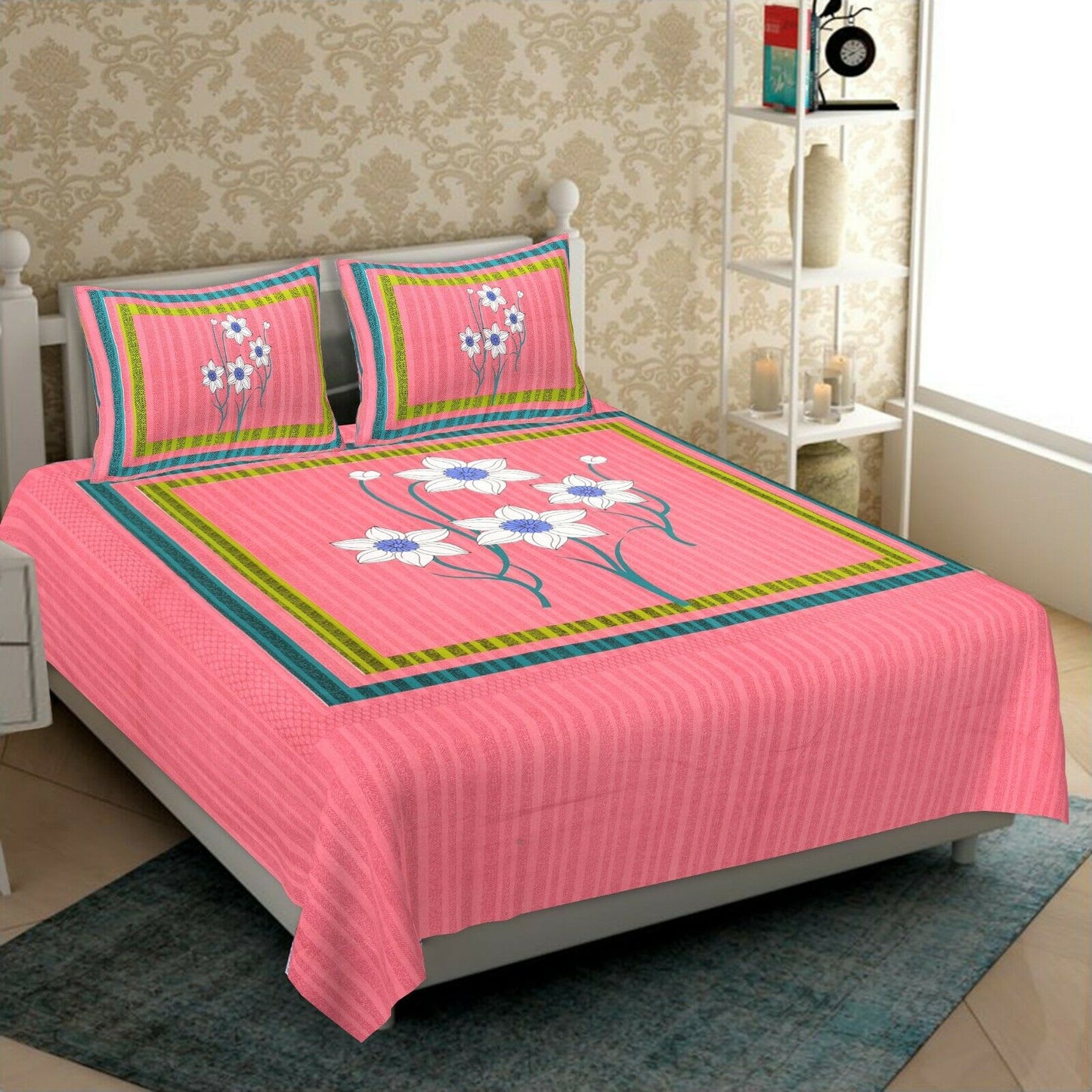 Jaipuri Prints Cotton Double Bedsheet (Pink)