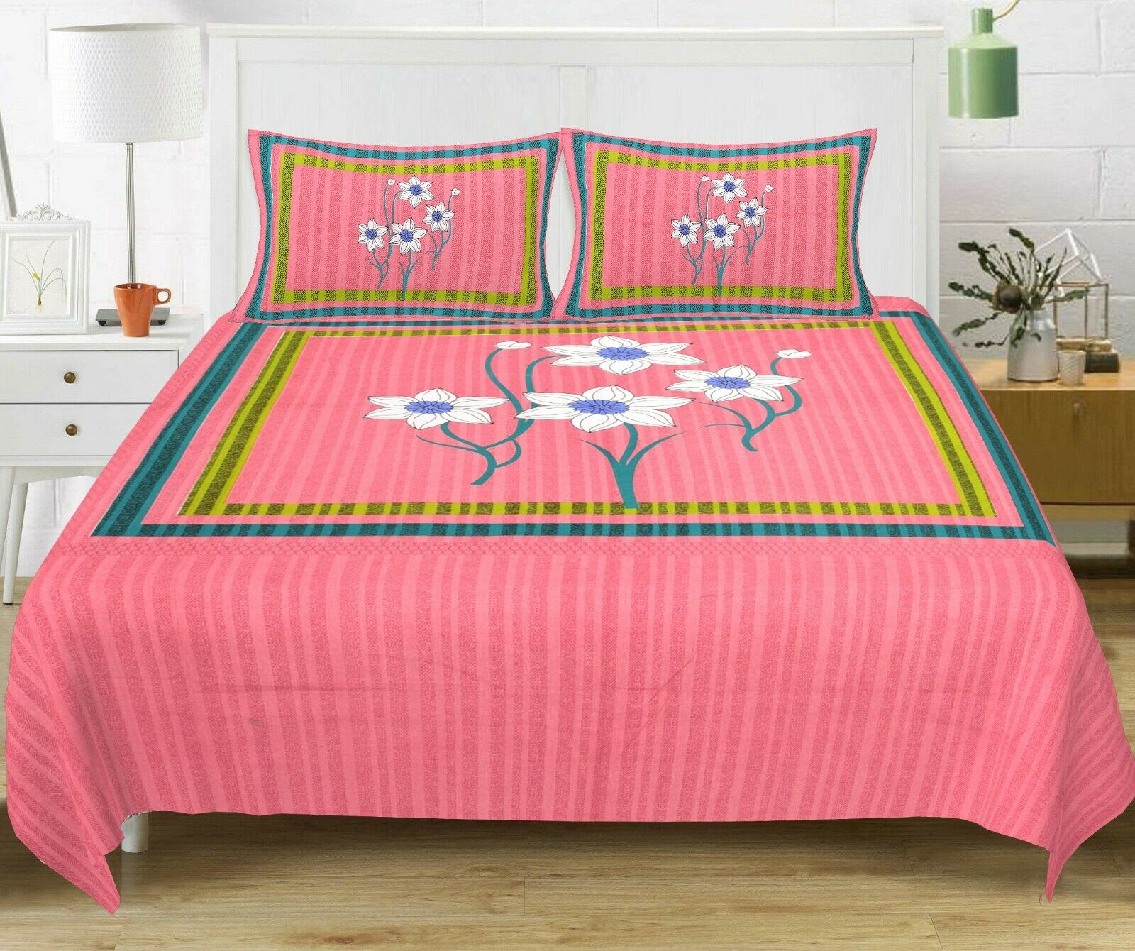 Jaipuri Prints Cotton Double Bedsheet (Pink)