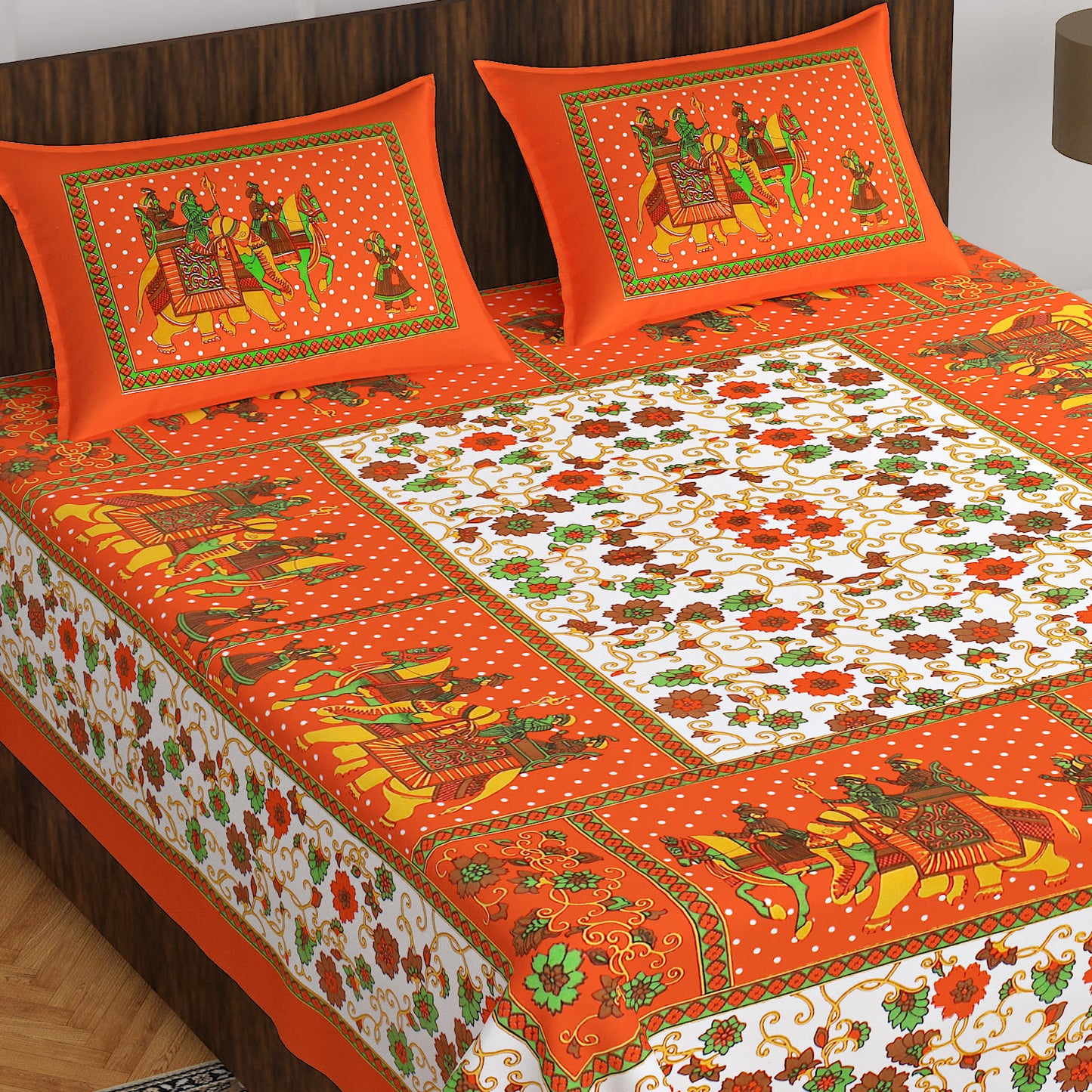 Jaipuri Prints Cotton Double Bedsheet (Orange)