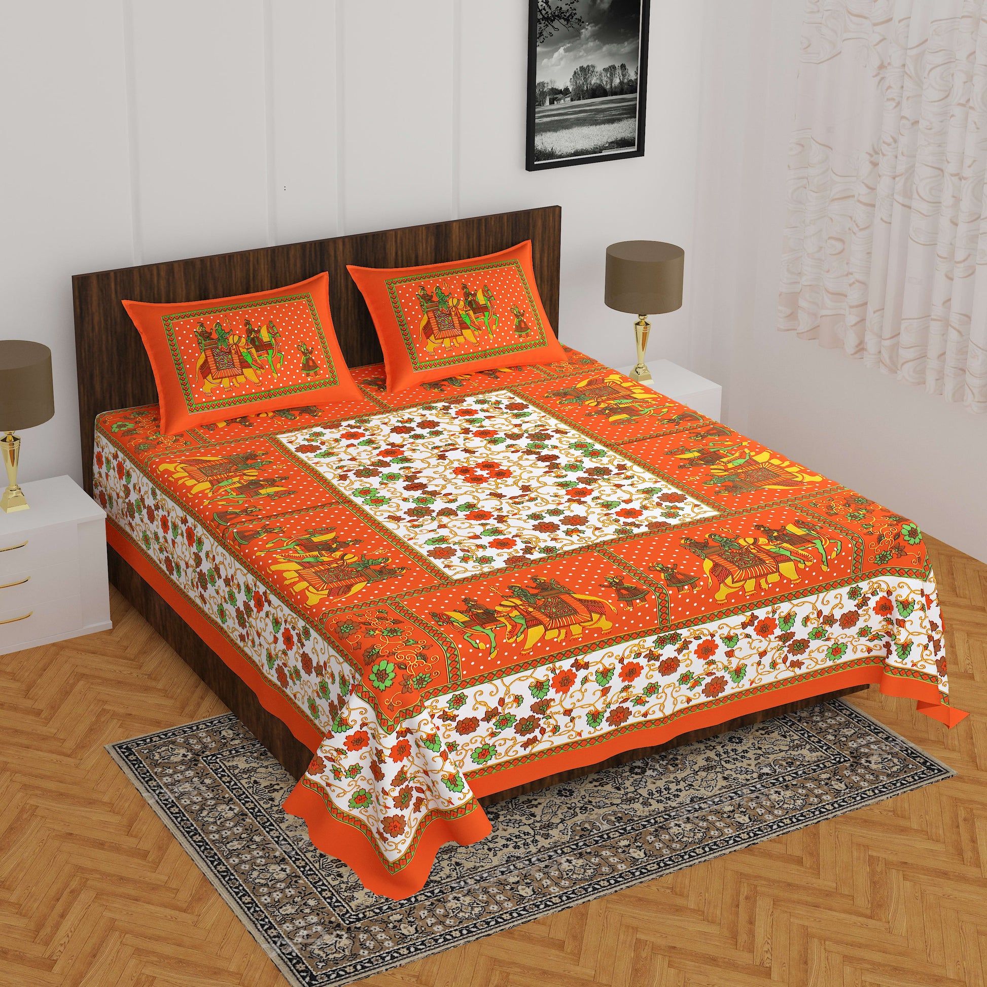 Jaipuri Prints Cotton Double Bedsheet (Orange)