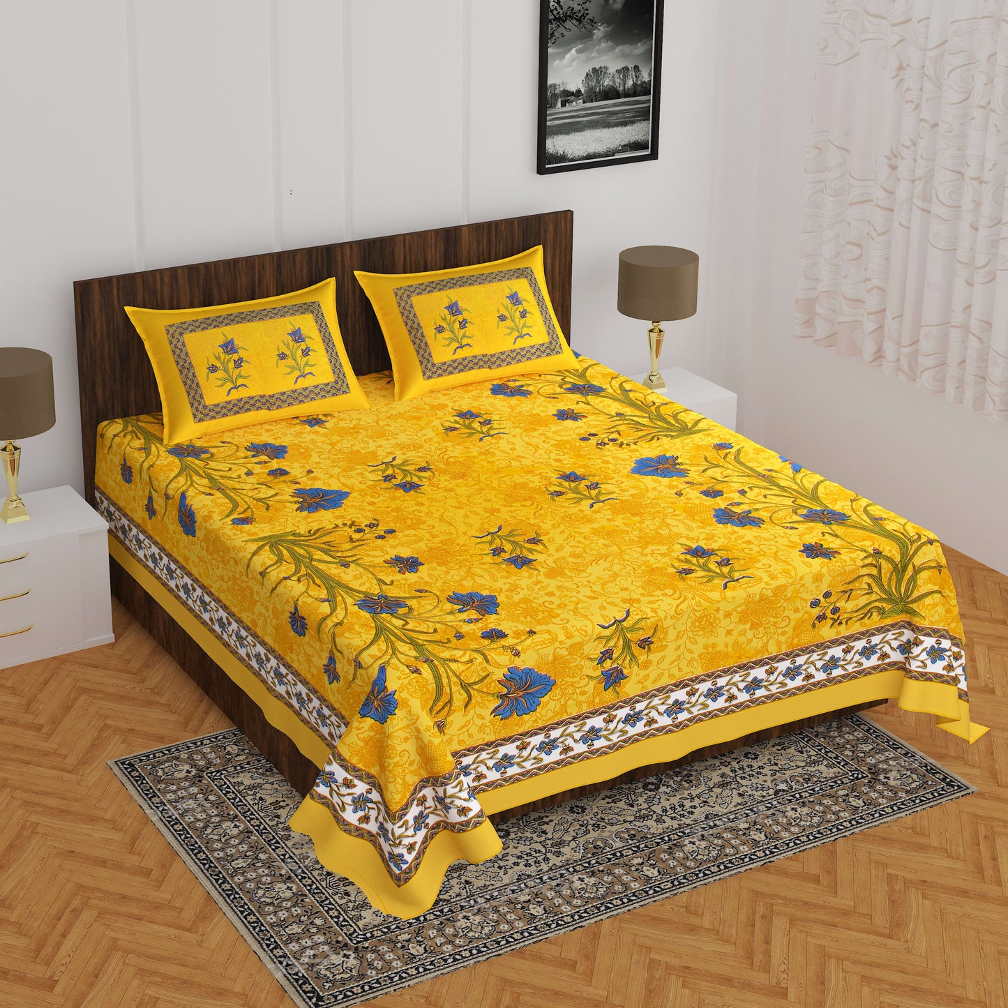 100% Cotton Printed Double Bedsheet (Yellow)