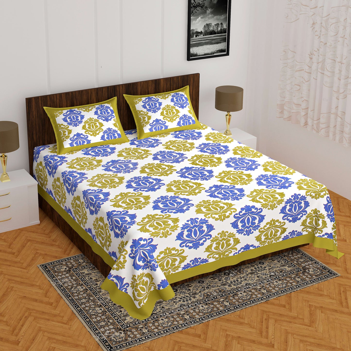 Jaipuri Prints Cotton Double Bedsheet (Green)