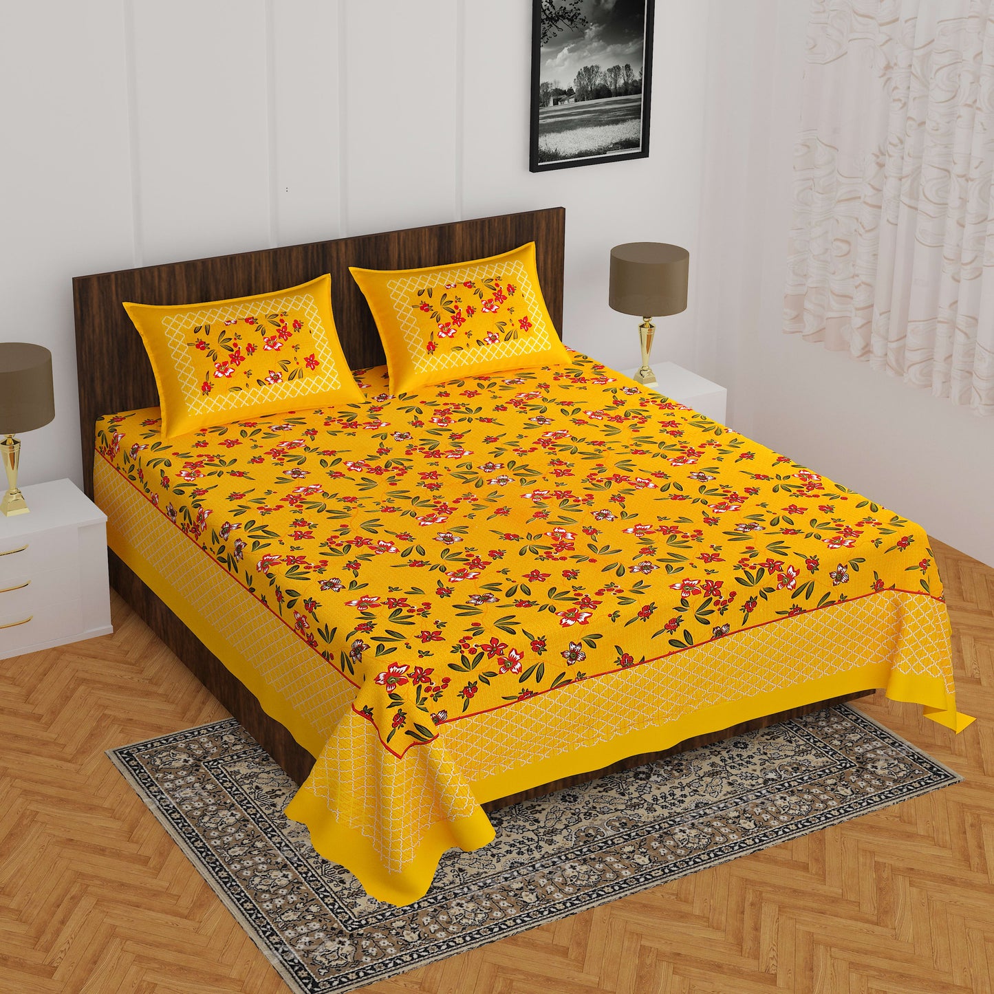 100% Cotton Floral Double Bedsheet (Yellow)